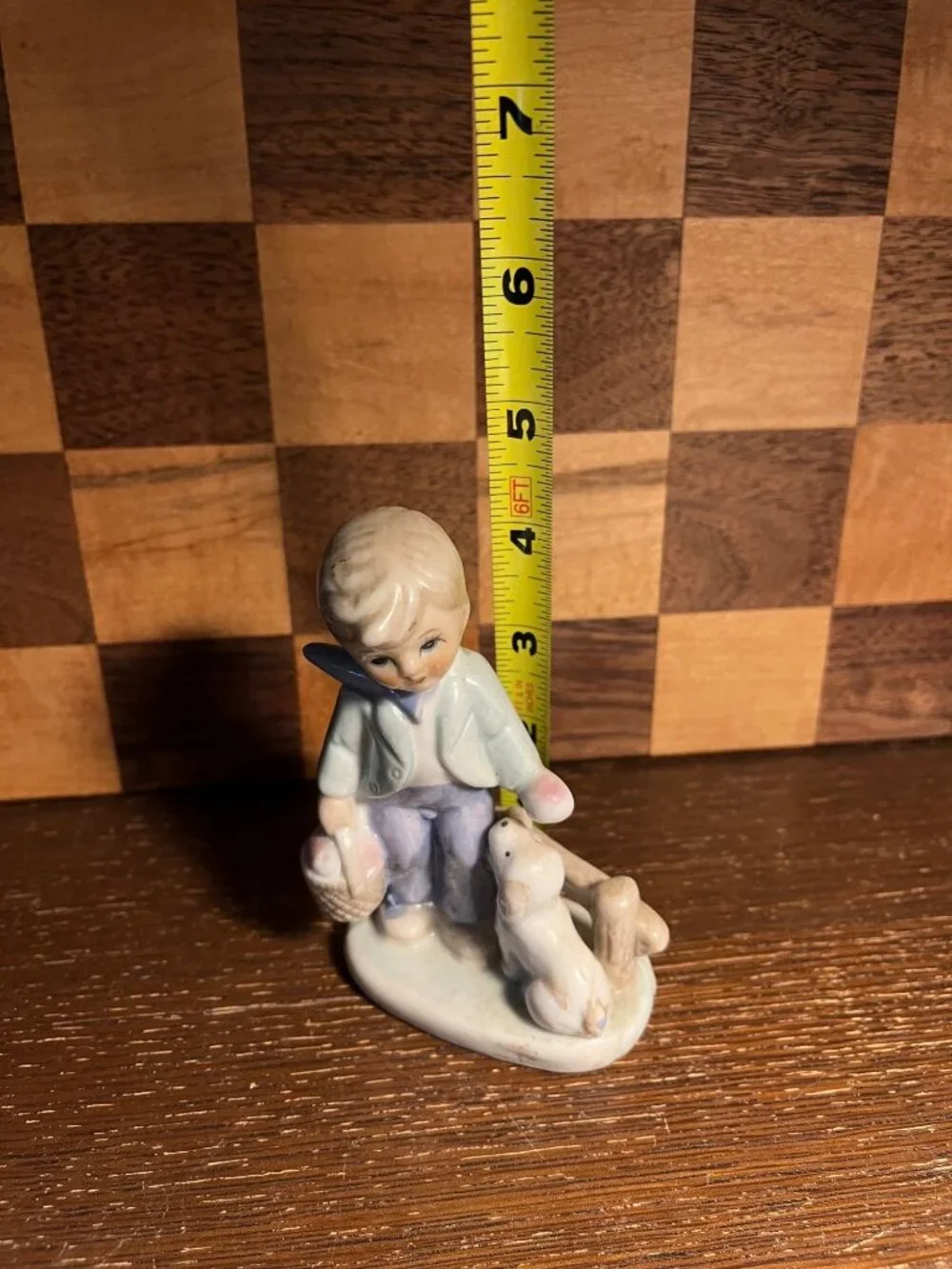 Kowa Style Porcelain Boy with Apple Basket and Dog Figurine, some small cracks a